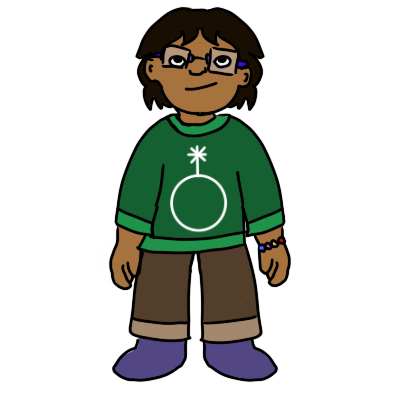 a child with brown skin, glasses, and straight black hair that goes to around their neck. they're wearing a colorful bracelet, purple shoes, green pants, and a green shirt with a nonbinary symbol on it.